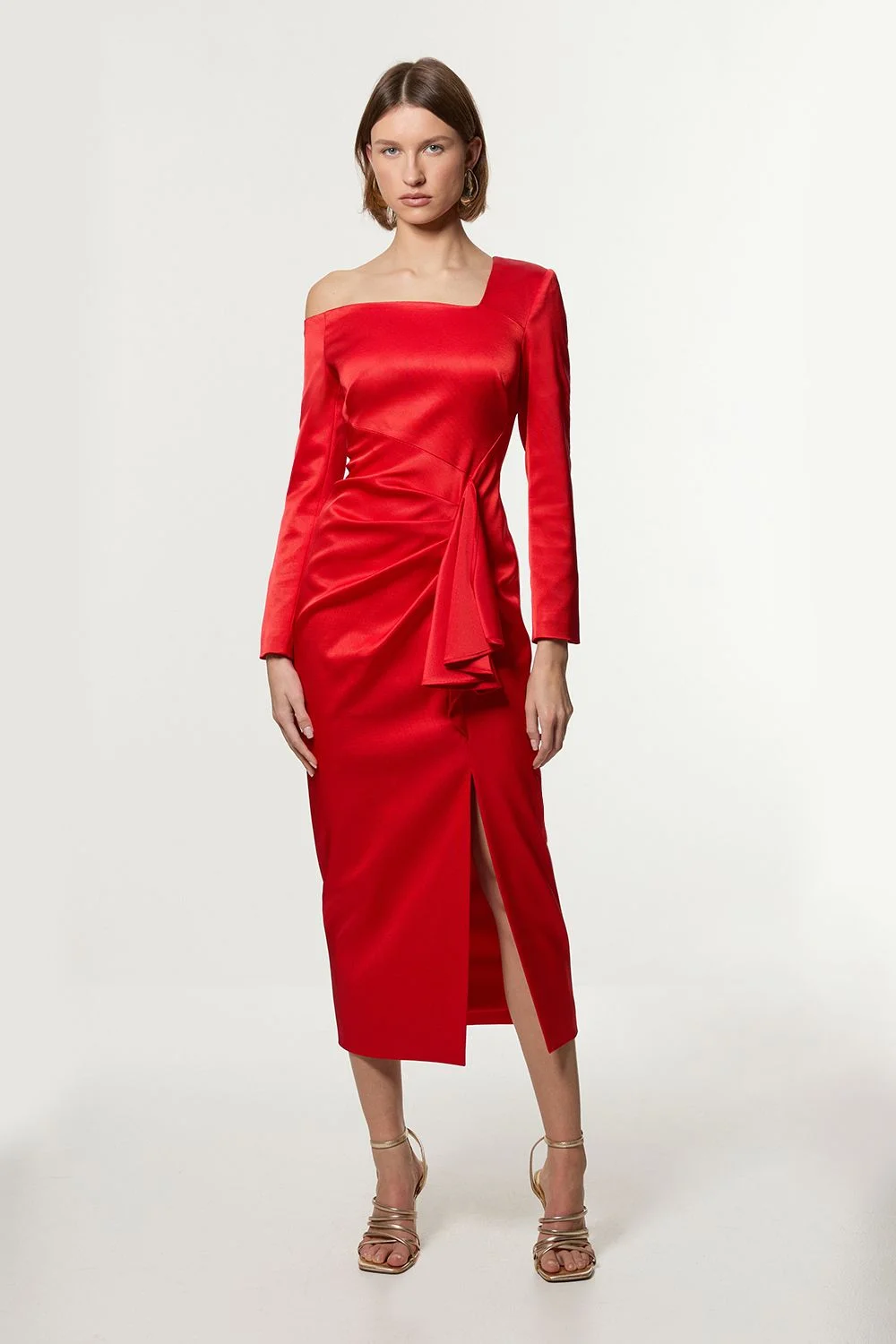 Petite Italian Structured Rib Asymmetric Neckline Draped Tailored Maxi Dress - 1