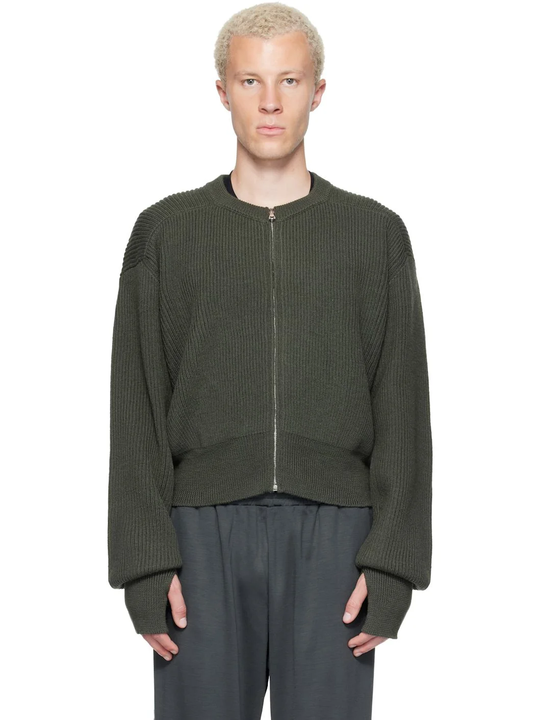 Green Roundneck Zip Utility Sweater - 1