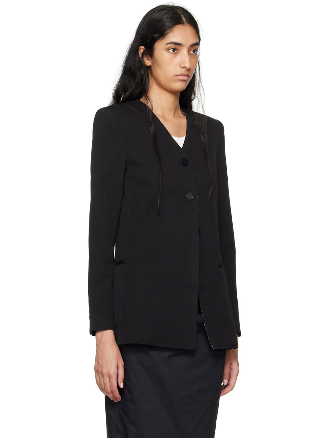 Black Raw Edge Collarless Blazer - 2