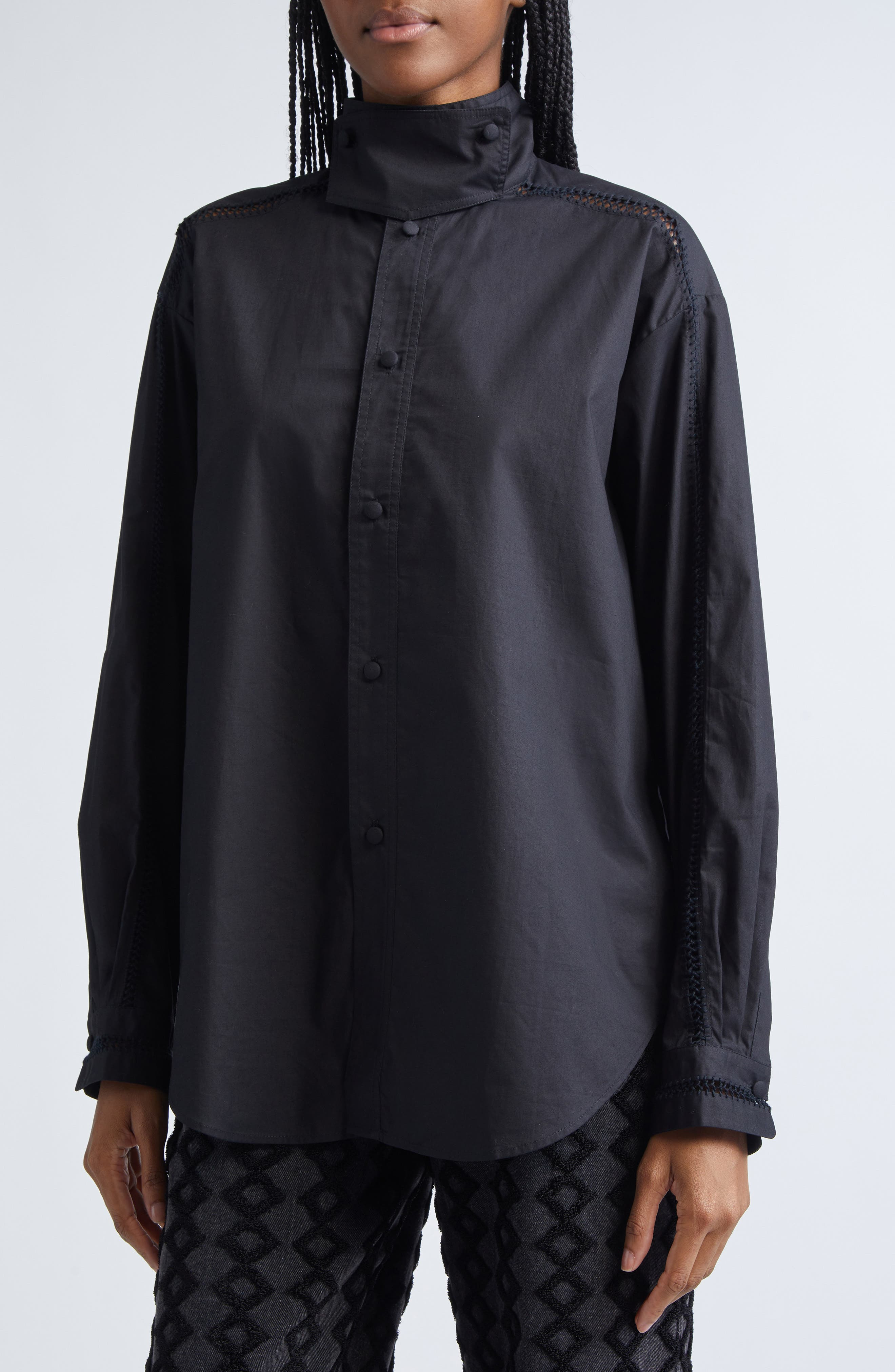 Diotima Tab Embroidered Cotton Poplin Button-Up Shirt in Black at Nordstrom - 5