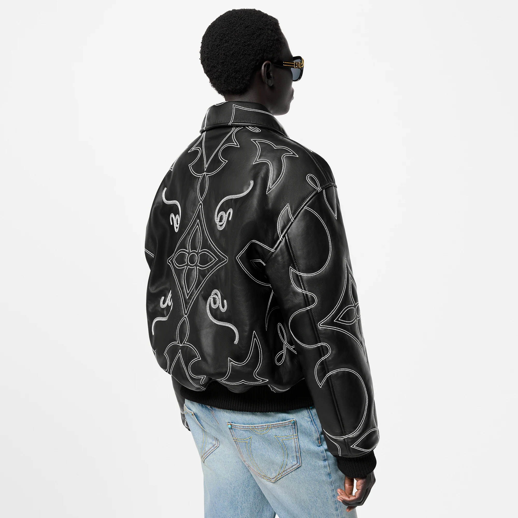 Embroidered Leather Bomber Jacket - 5