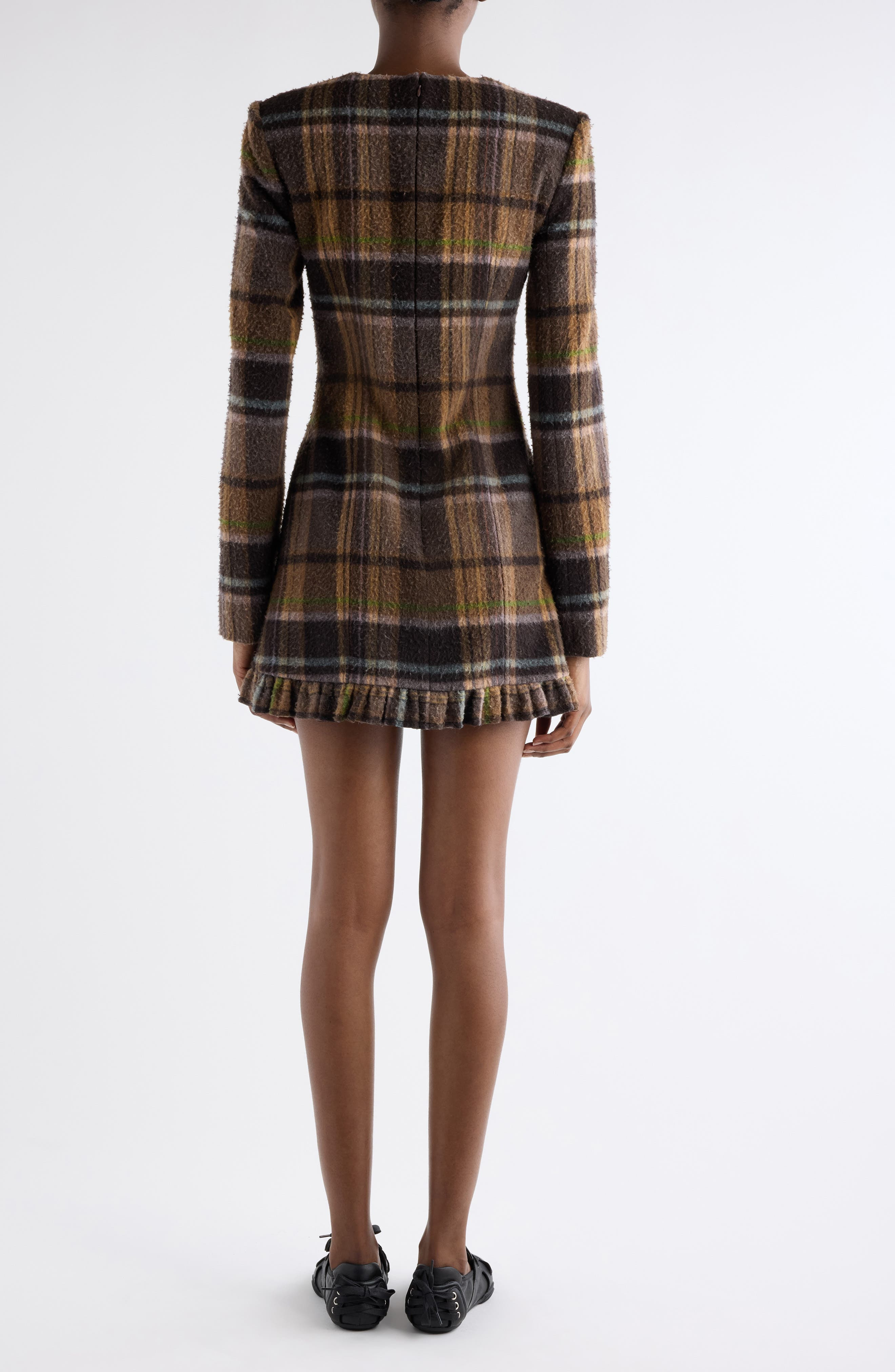 Acne Studios Delfin Plaid Long Sleeve Wool Blend Minidress in Multi Brown at Nordstrom - 3