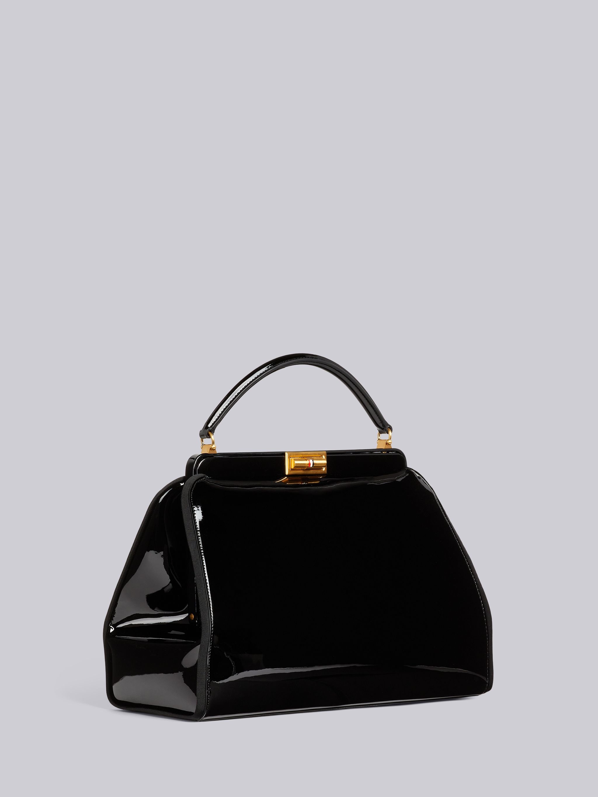 Black Soft Patent Leather Grosgrain Frame Large Doctor Bag - 3
