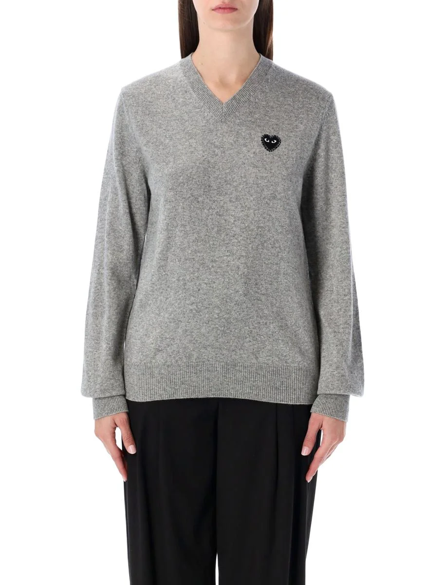 Comme Des Garçons Play Wool V-Neck Sweater With Black Heart And Crystals - 1