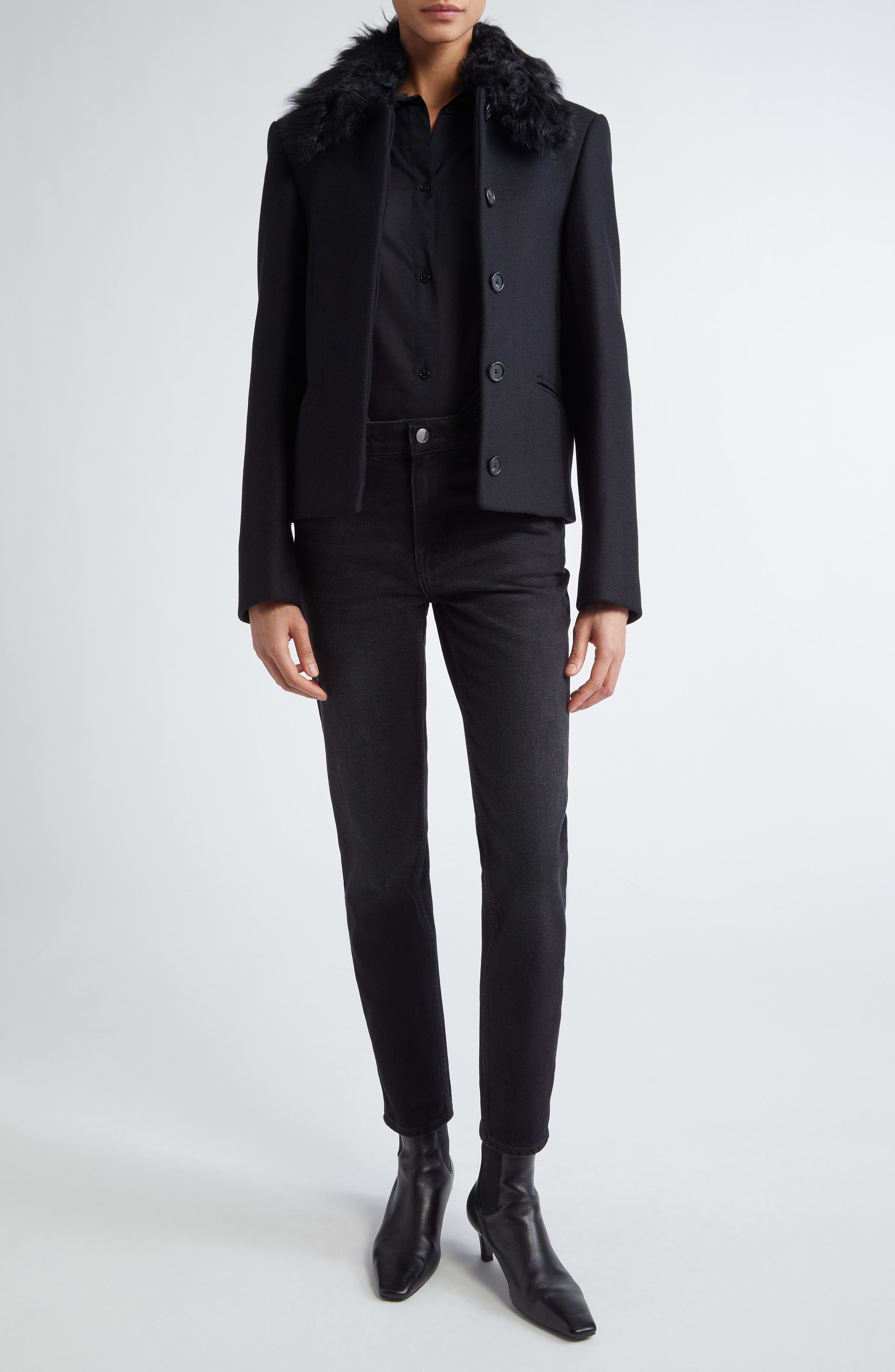 TOTEME Wool Blend Jacket with Removable Genuine Shearling Collar in Black at Nordstrom - 2