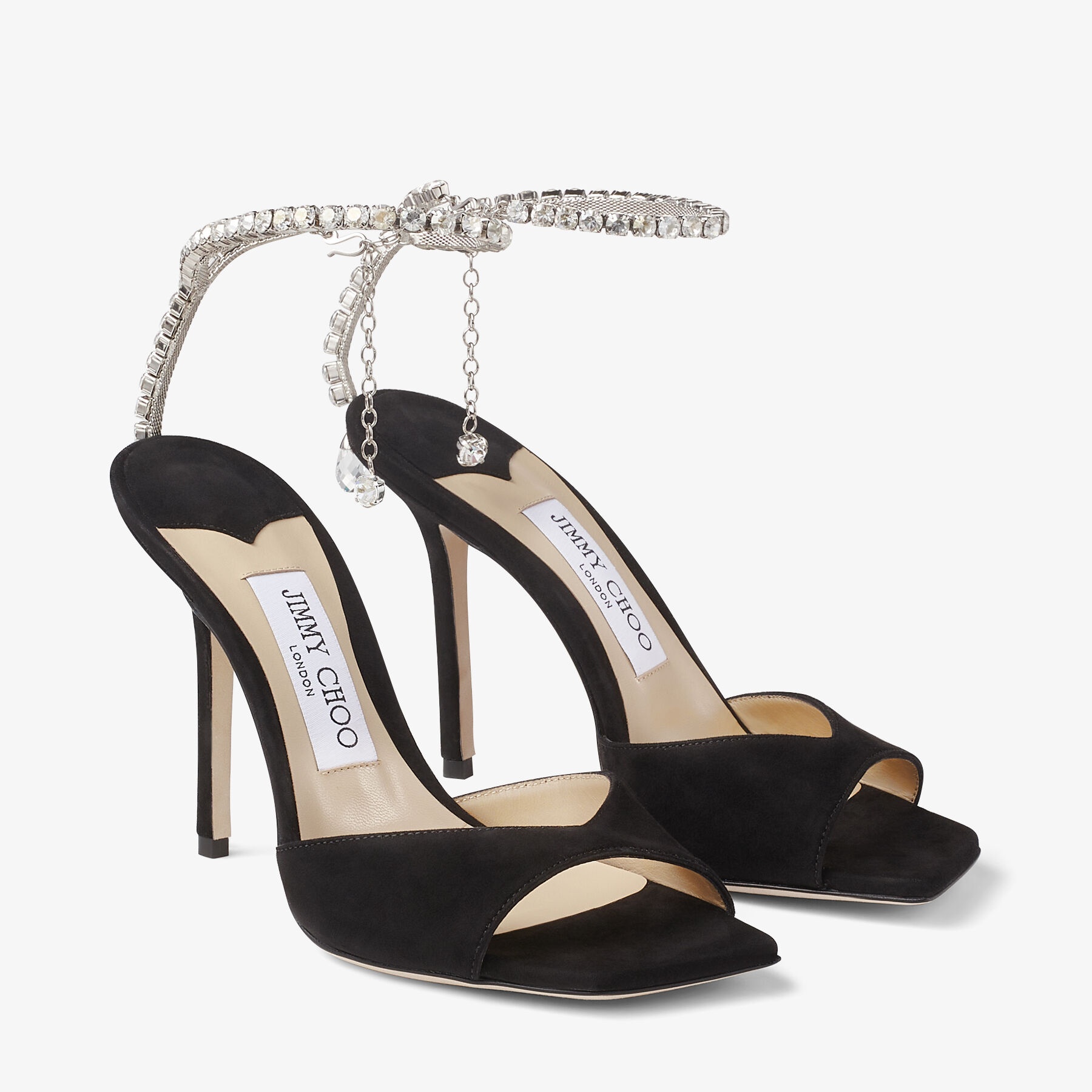 JIMMY CHOO Saeda Sandal 100 Black Suede Sandals with Crystal