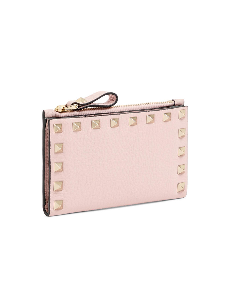Women's Rockstud Grainy Calfskin Card Holder with Zipper - Pink 5