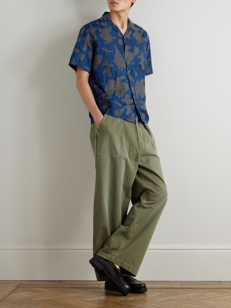 Kapital Convertible-Collar Printed Linen Shirt Blue outlook