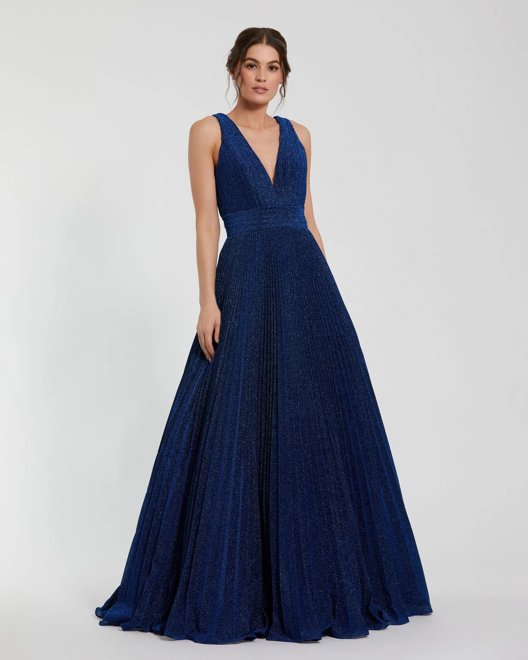 Navy Shimmering Pleated Sleeveless Gown - 1