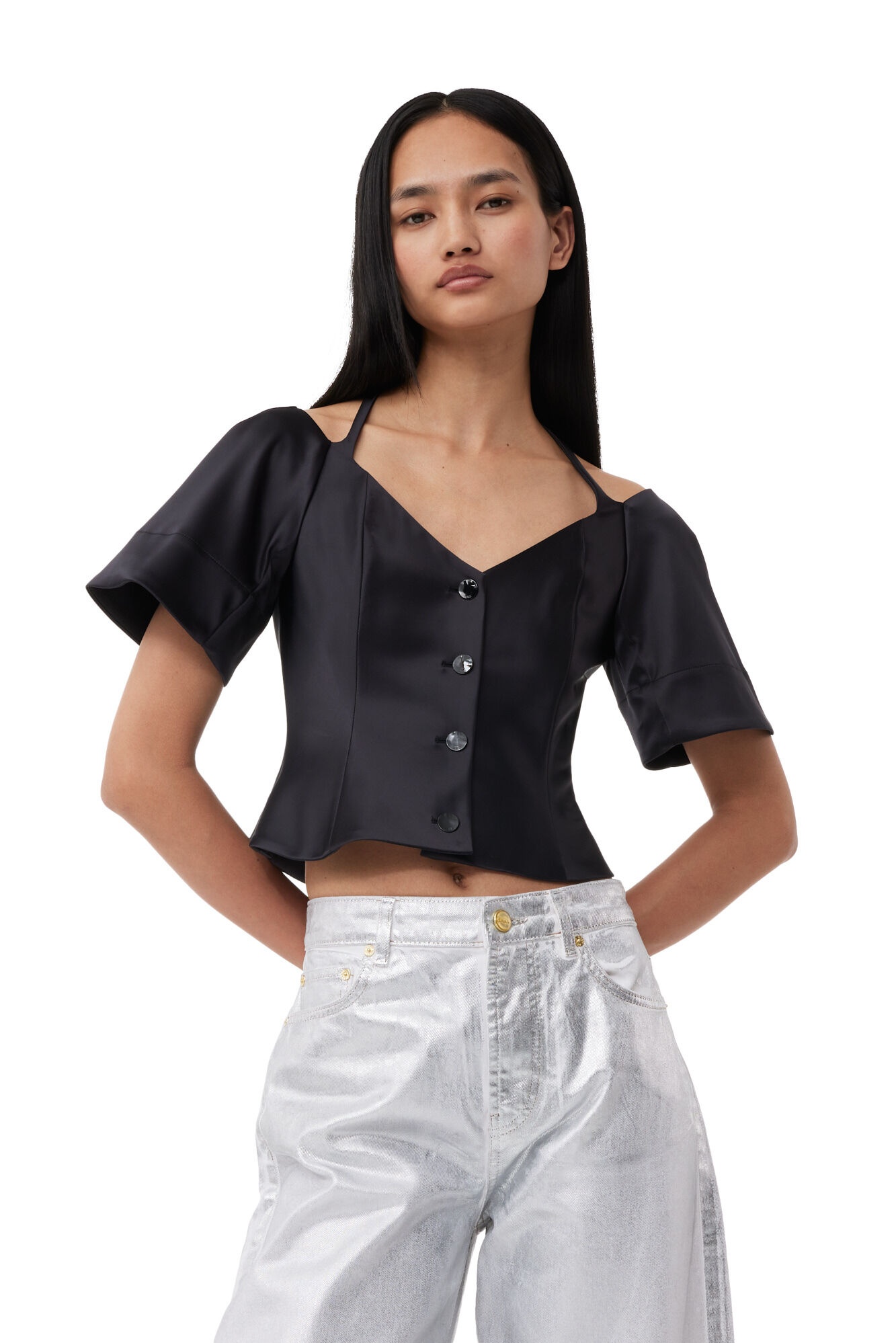 BLACK DOUBLE SATIN FITTED OPEN-NECK BLOUSE - 2