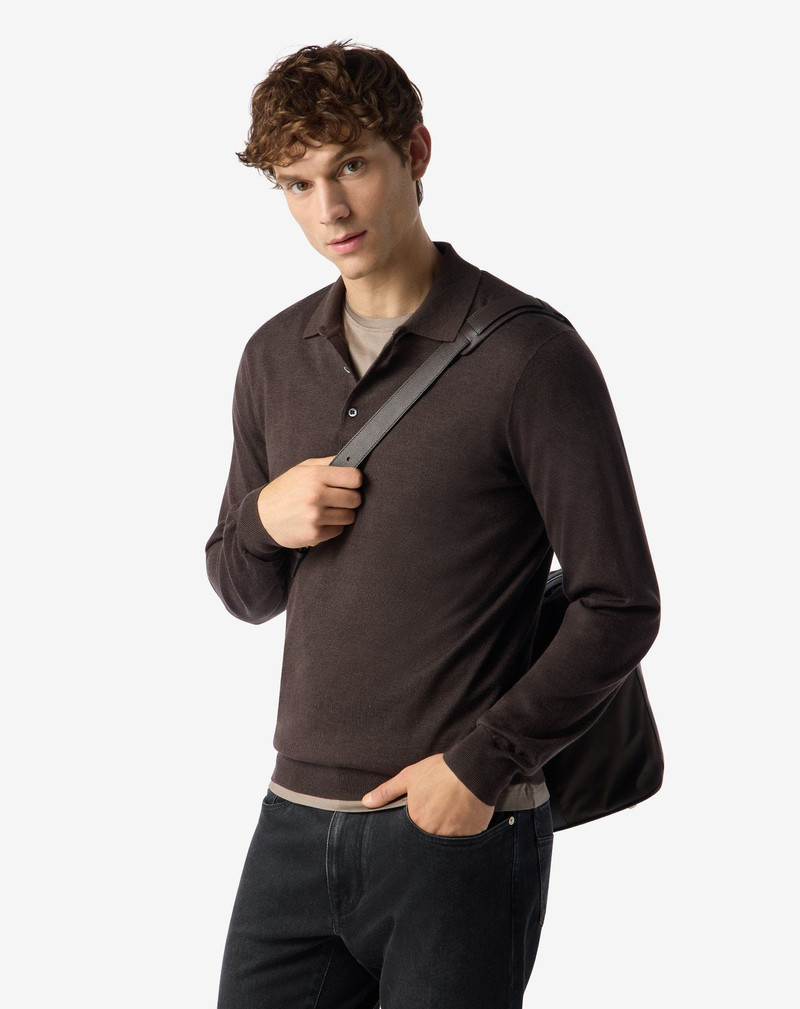 CORNELIANI Brown ultra fine silk and cashmere button-up polo shirt outlook