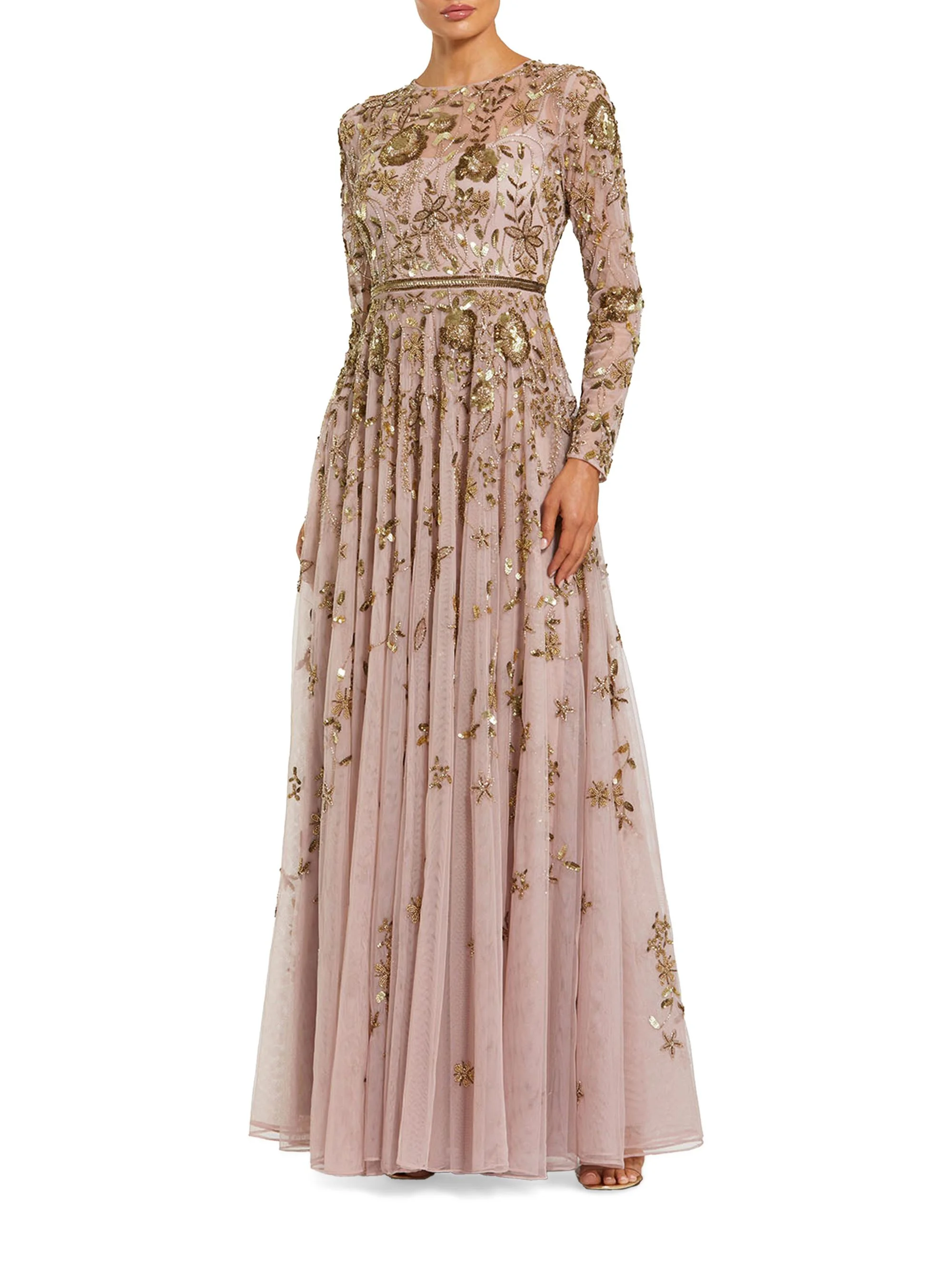 Women's Embellished Floral-Embroidered Mesh Gown - Mocha Multi - 1