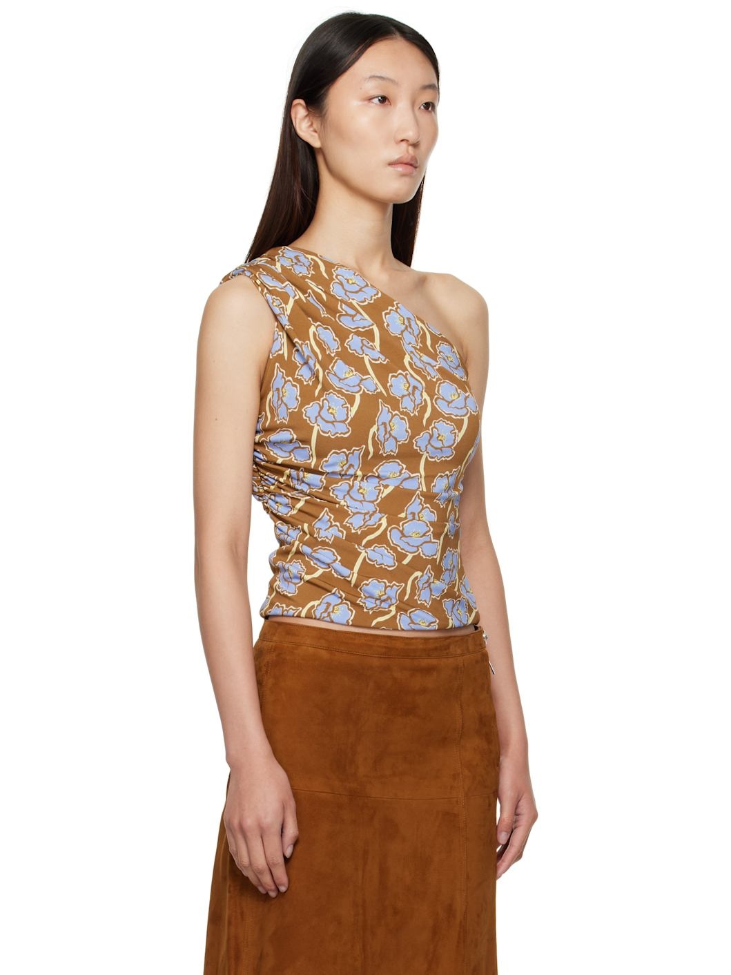 Multicolor Poppies Gathered One-Shoulder Top - 2