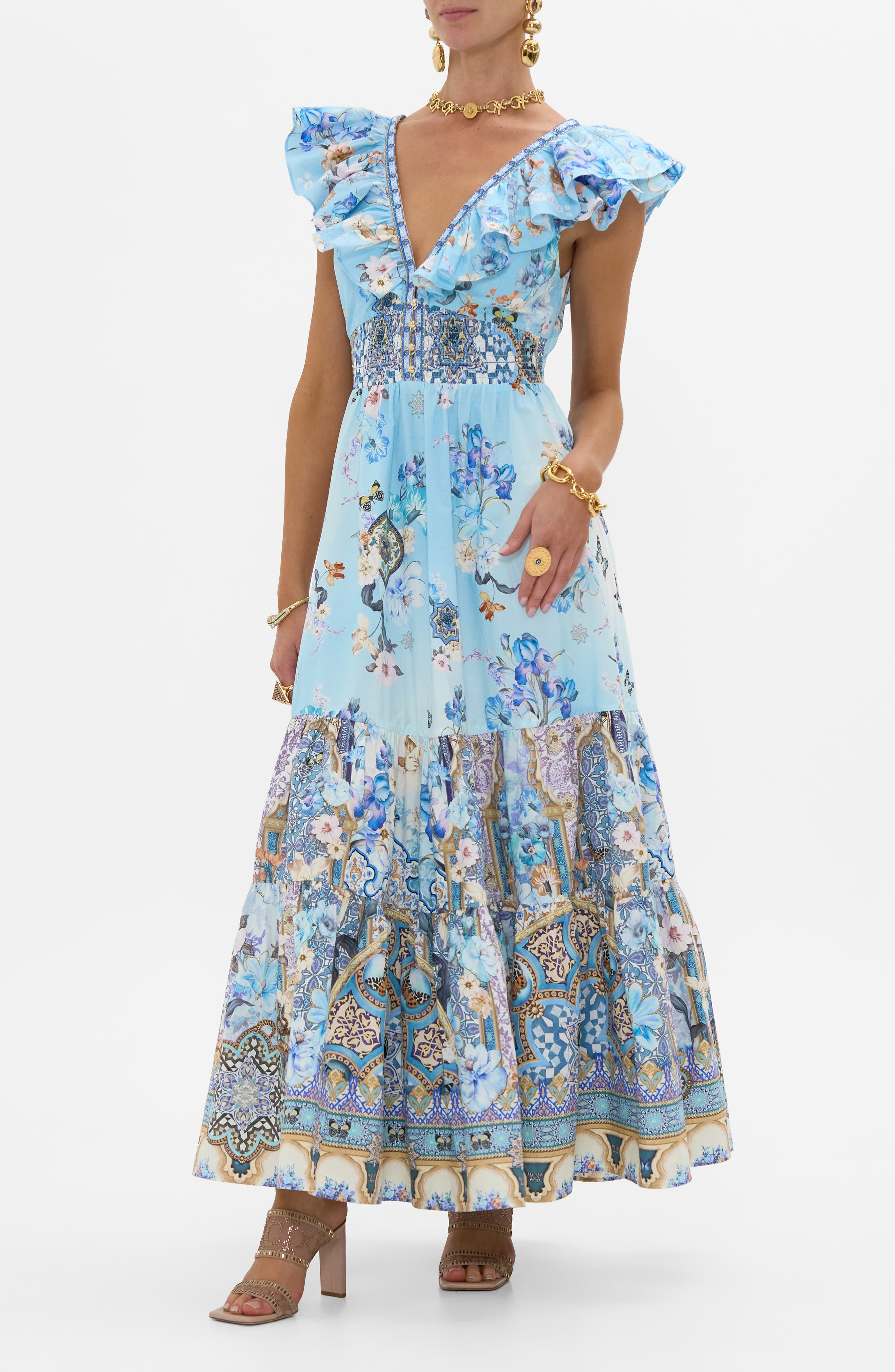 Camilla Al Manial Palace Memoirs Ruffle Neck Cotton Tiered Maxi Dress at Nordstrom - 3