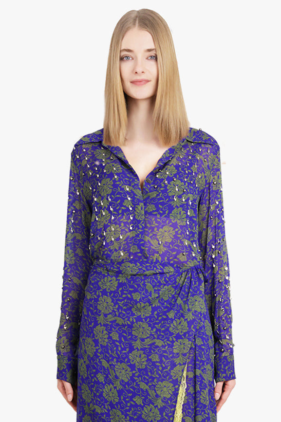 CHOWY FLORAL PRINT EMBELLISHED L/S SHIRT | PURPLE/GREEN - 2