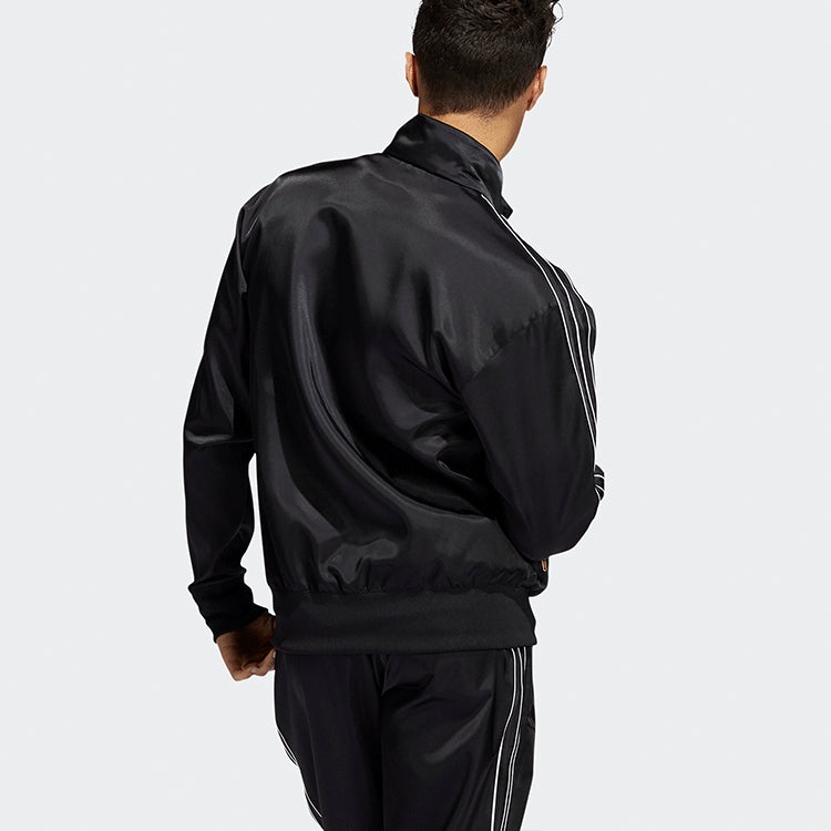 Men's adidas originals Stand Collar Stripe Zipper Ribbed Cuff Long Sleeves logo Sports Jacket Black  - 3