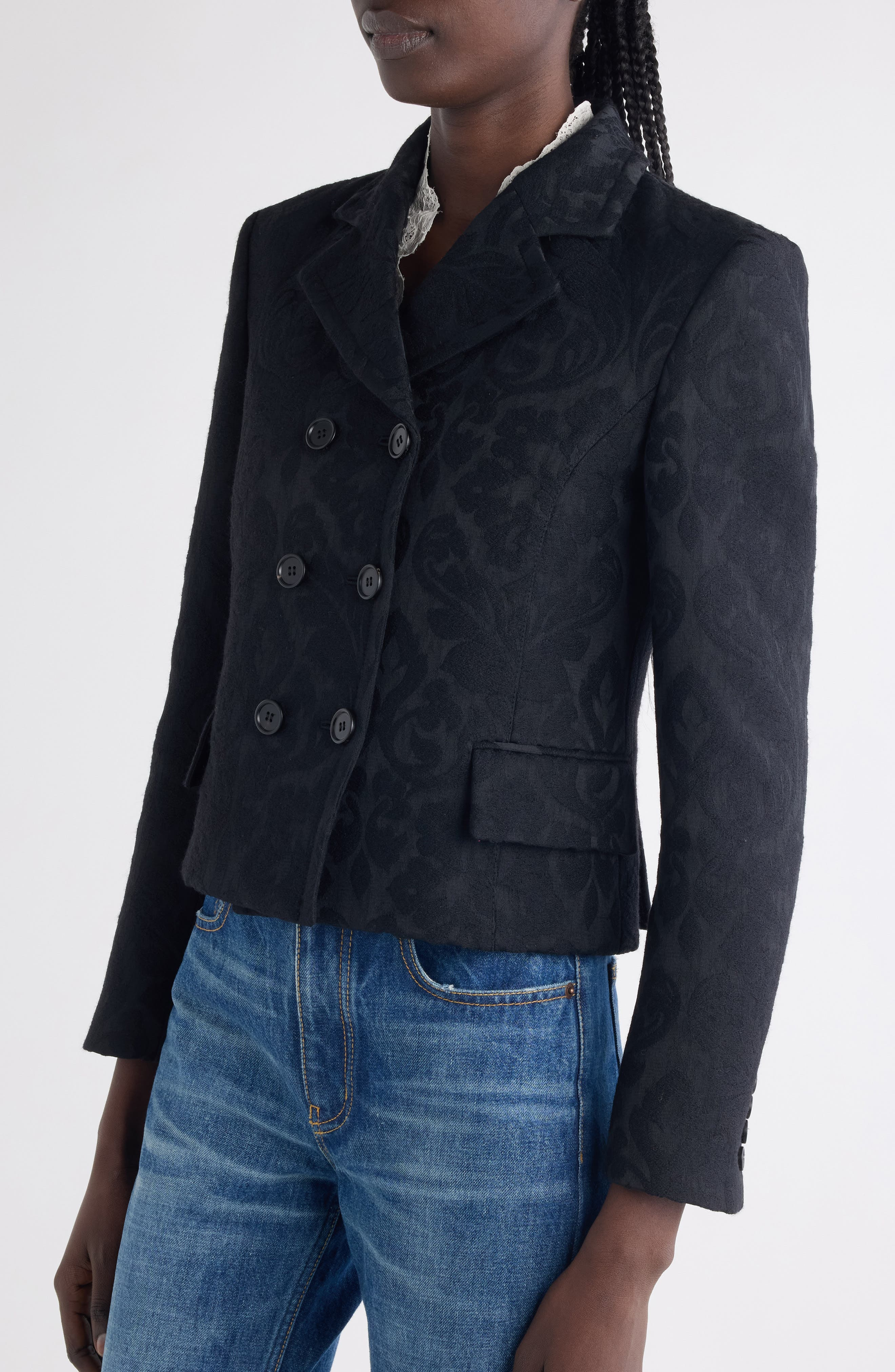 Chloé Double Breasted Floral Jacquard Wool Blend Crop Jacket in Black at Nordstrom - 5
