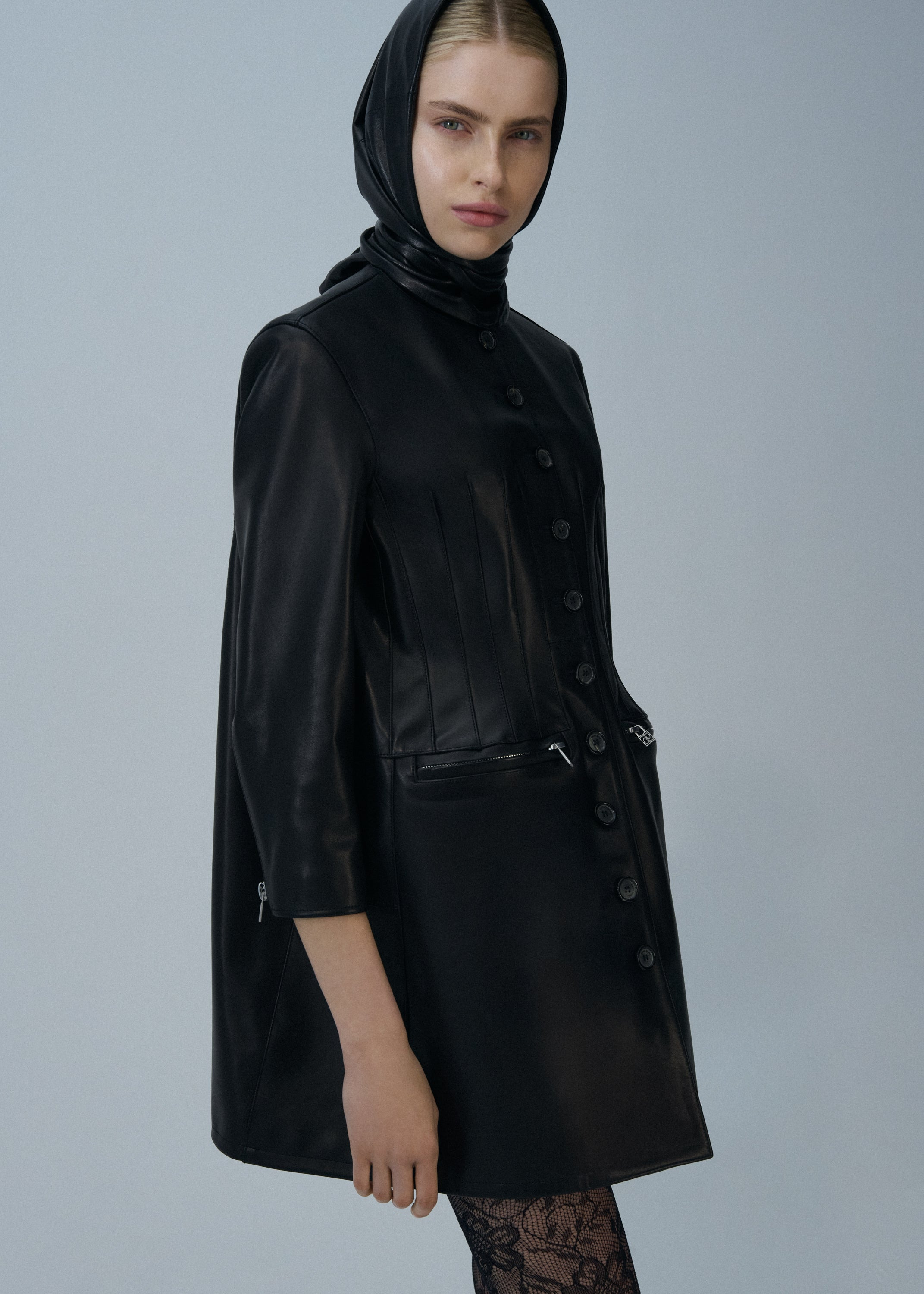 Stitch waist retro leather peacoat in black - 3