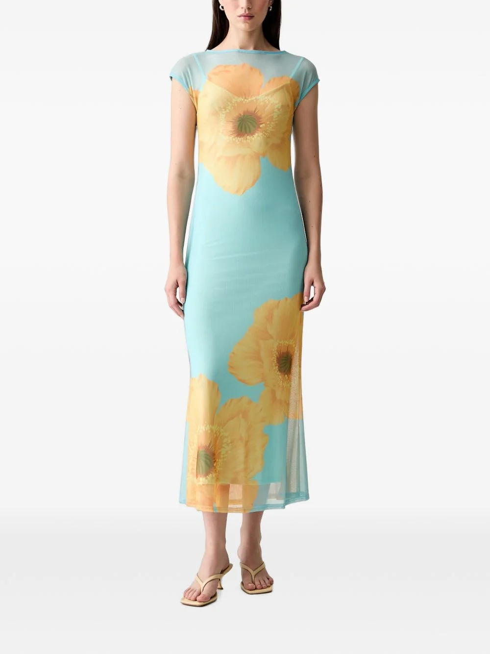 floral-print mesh midi dress - 1