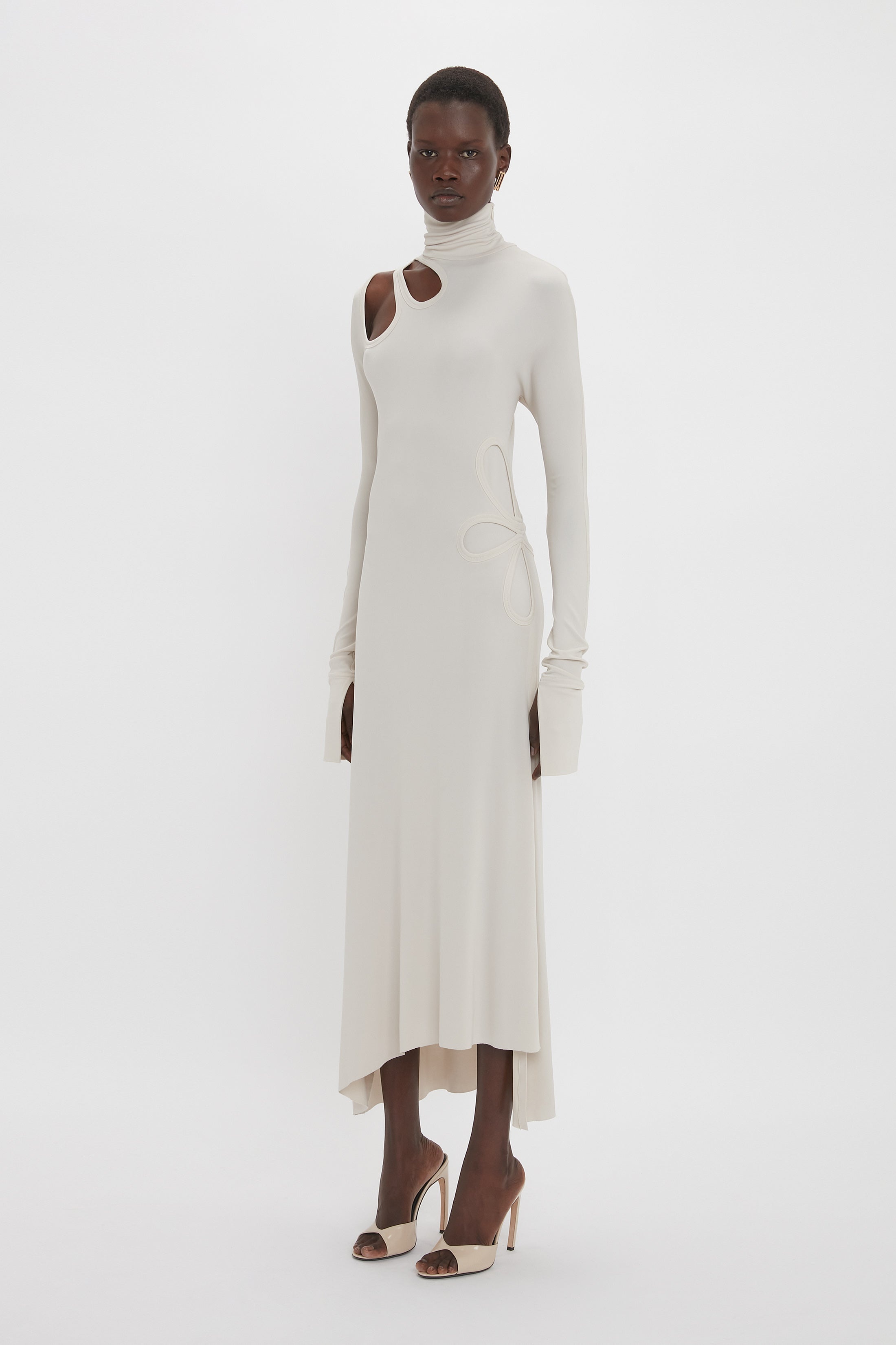 Long Sleeve Cut-Out Jersey Midi Dress In Bone - 3