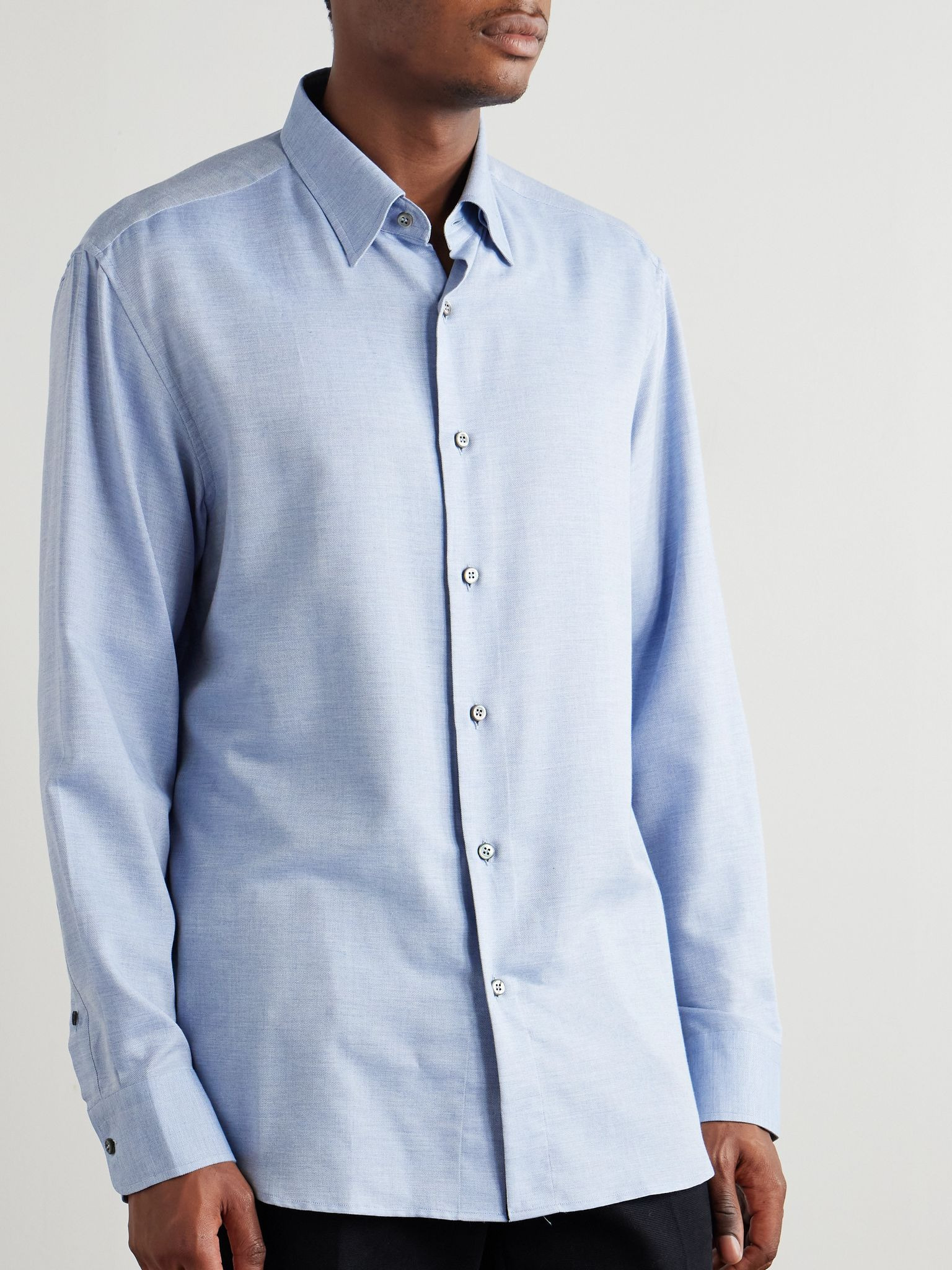 Button-Down Collar Cotton and Cashmere-Blend Twill Shirt Blue - 3