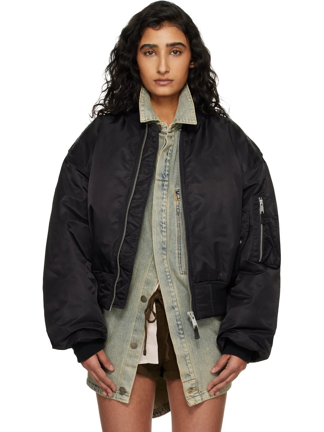 Black Cropped Broad Bomber Jacket - 1