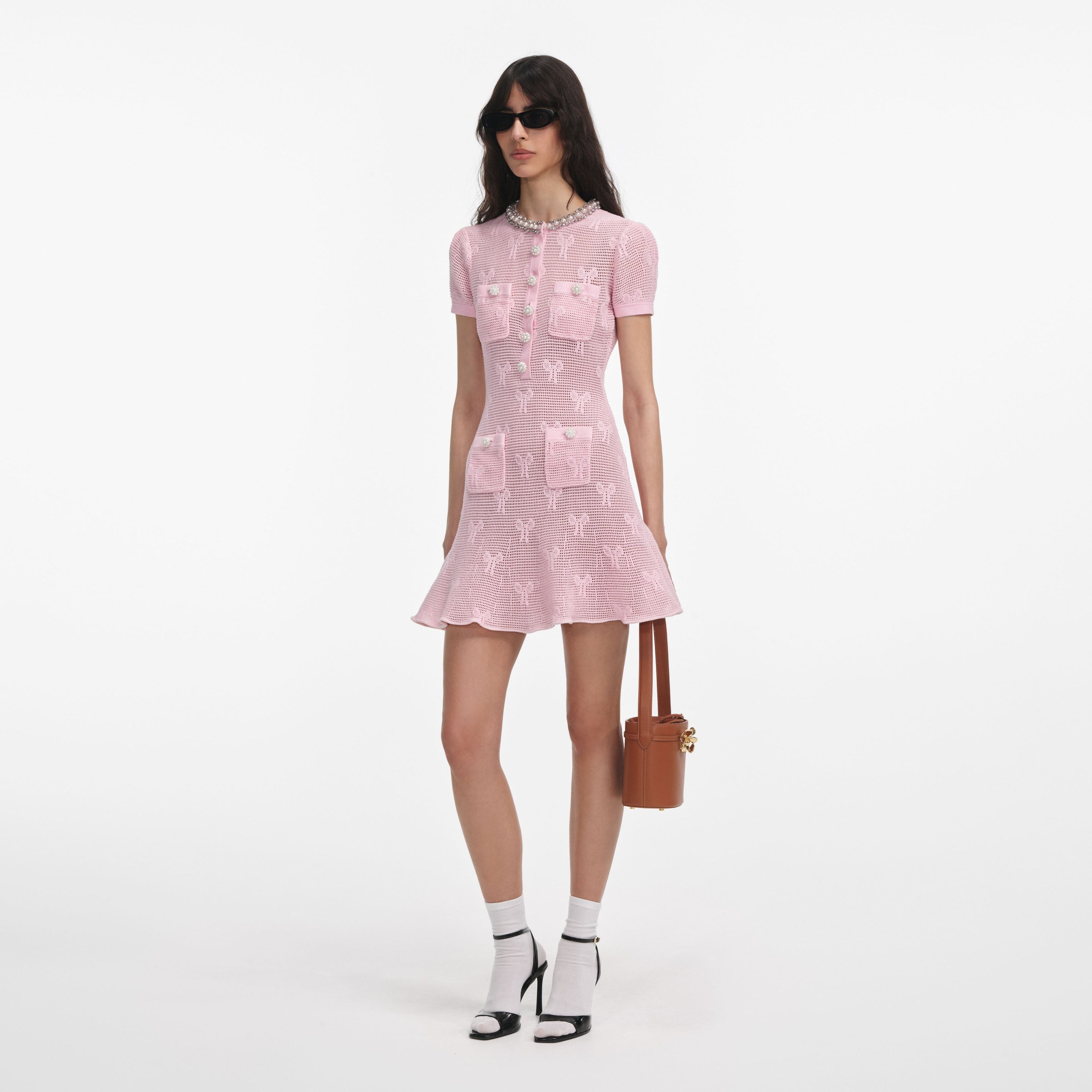 Pink Bow Crochet Crystal Trim Mini Dress - 2