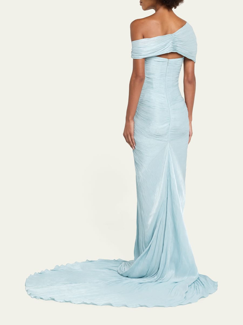 Off-The-Shoulder Pleated Satin Twisted Slit Gown 3
