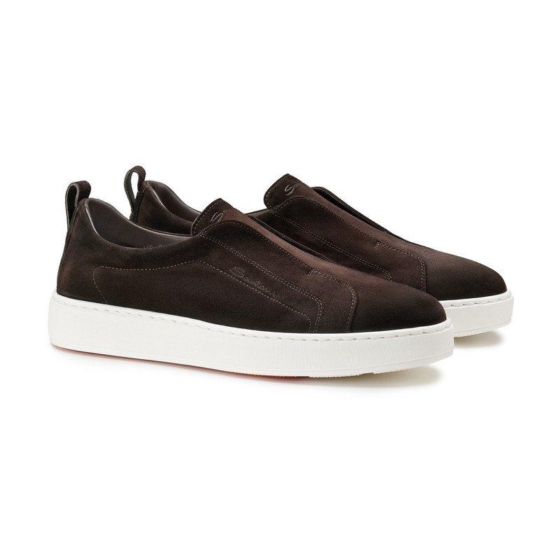 Santoni Men's dark brown suede slip-on sneaker outlook