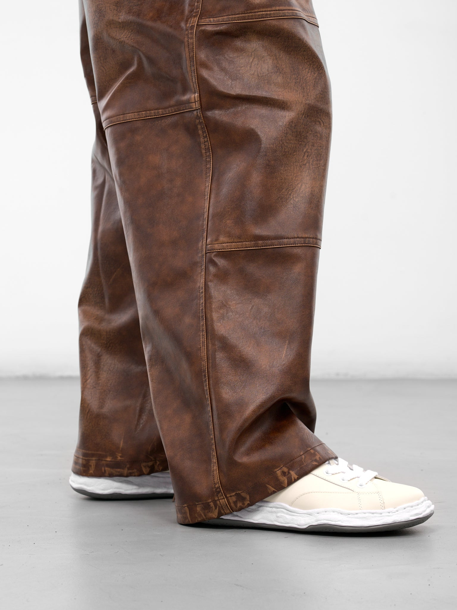 Brown Leather Elastic Waist Pants - 5