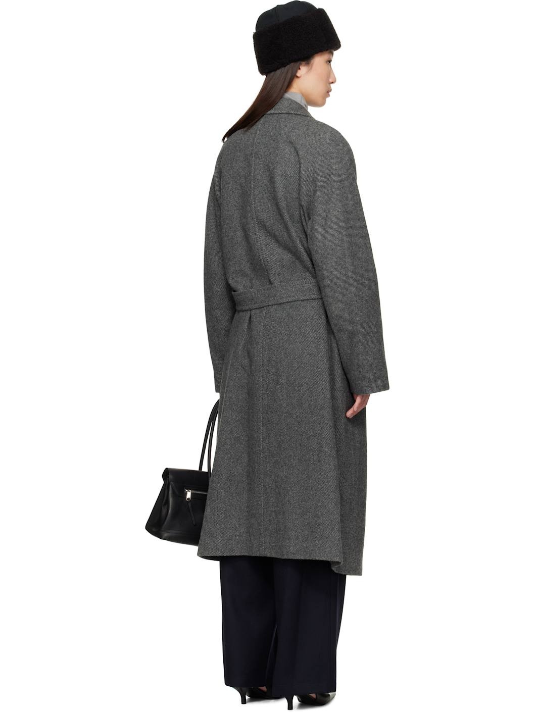 Gray Double-Breasted Belted Coat - 3