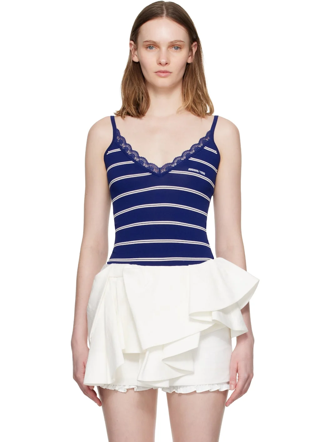 Blue Striped Knit Tank Bodysuit - 1