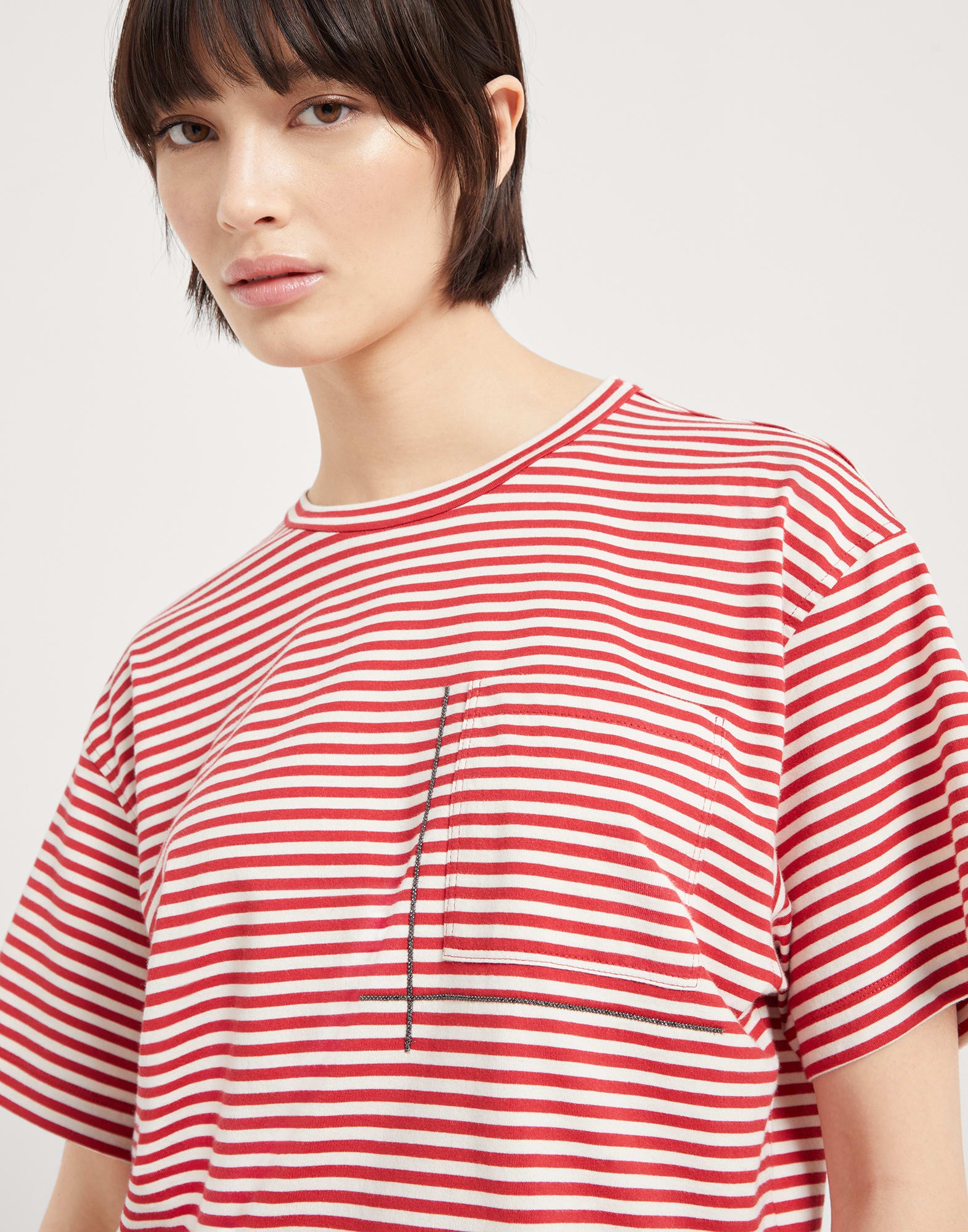 Cotton striped jersey cropped t-shirt with shiny pocket detail - 3