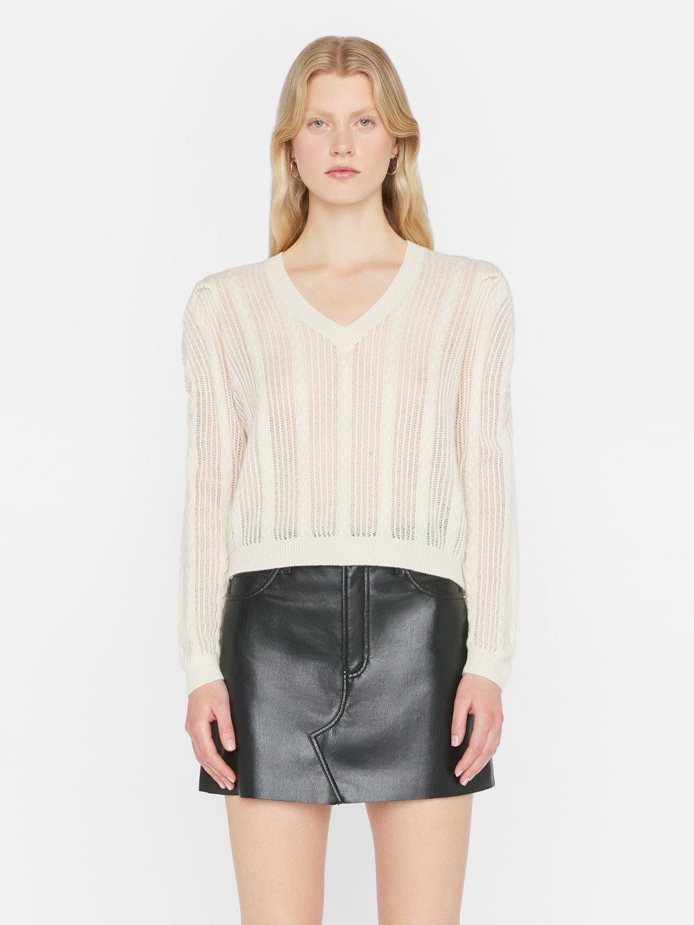 Pointelle Cashmere Ruched Sweater in Off White - 2