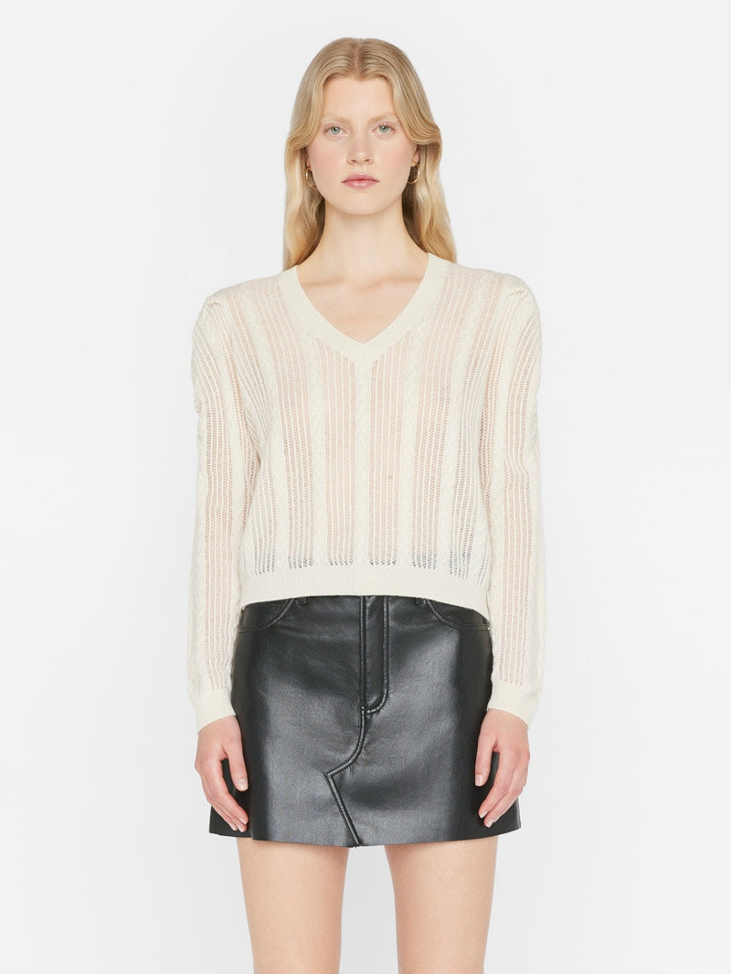 FRAME Pointelle Cashmere Ruched Sweater in Off White outlook