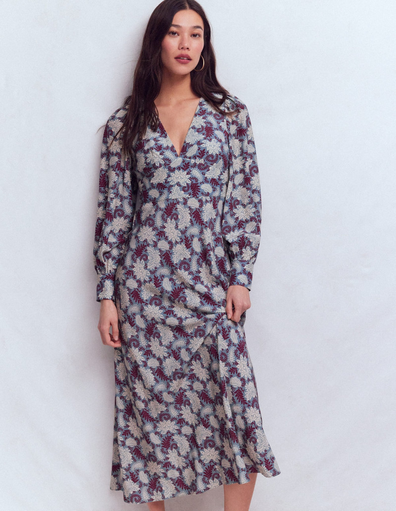 V-neck Blouson Sleeve Dress-Multi Blooming Flora 6