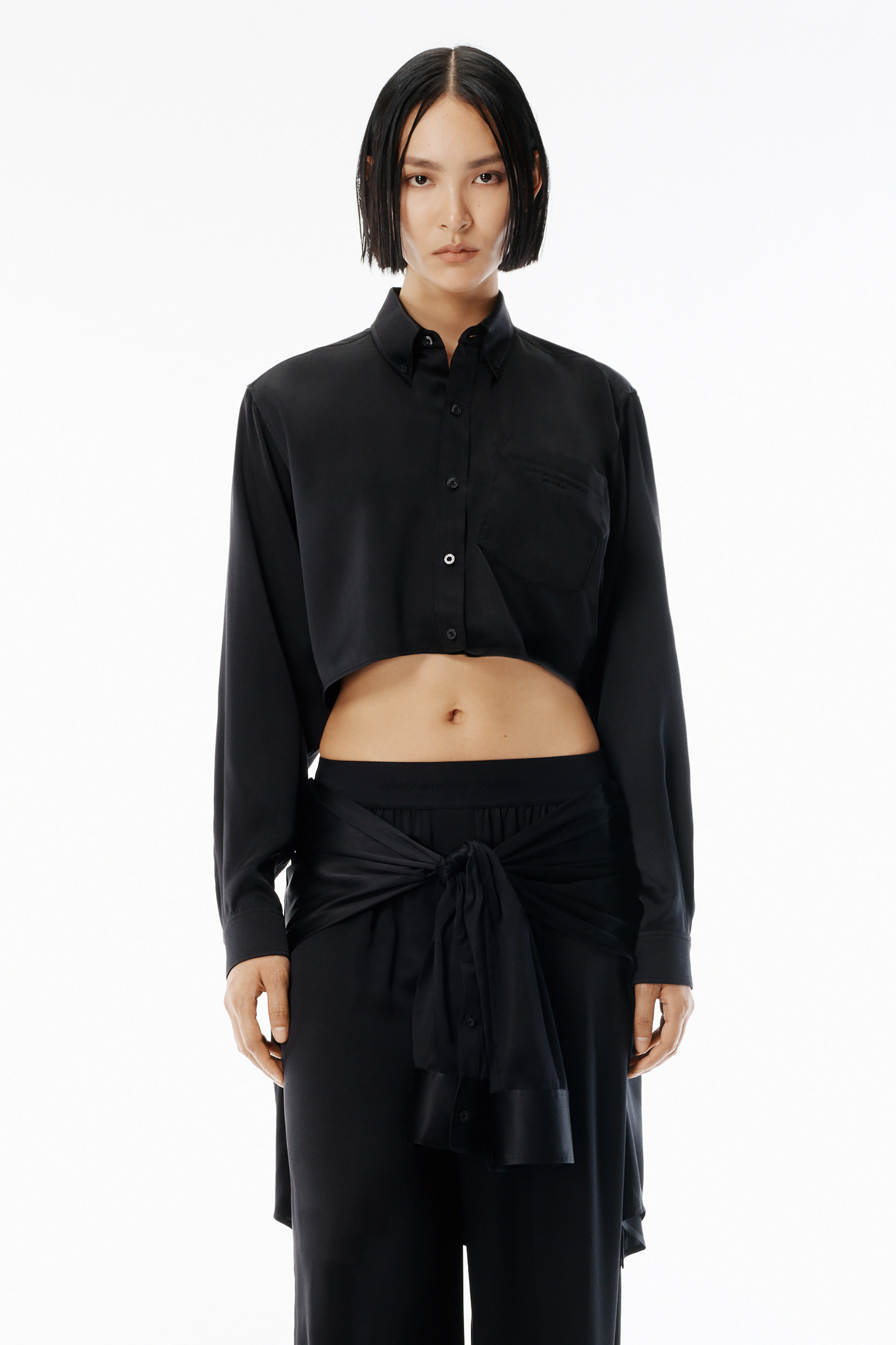 Black Silk Charmeuse Cropped Shirt - 2