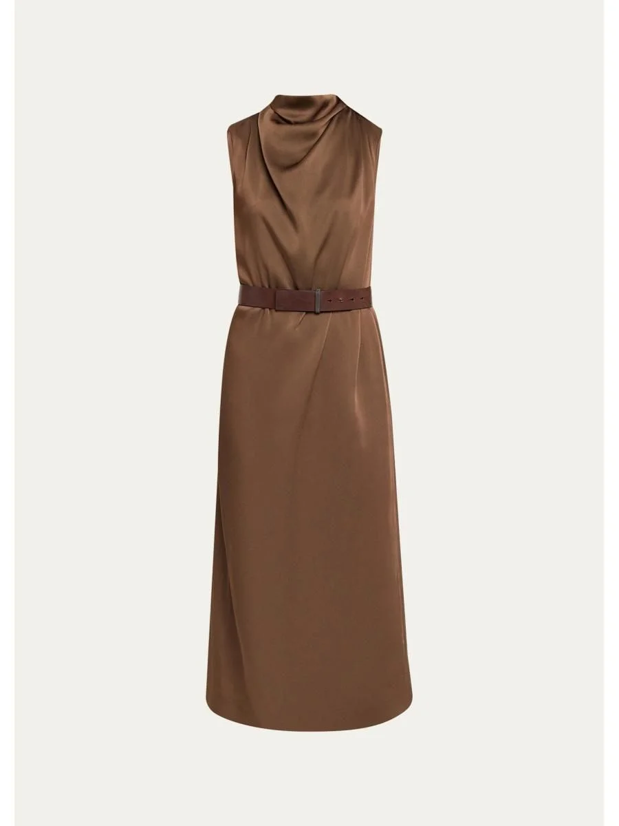 Cowl-Neck Fluid Satin Cady Sleeveless Belted Midi Dress - 1