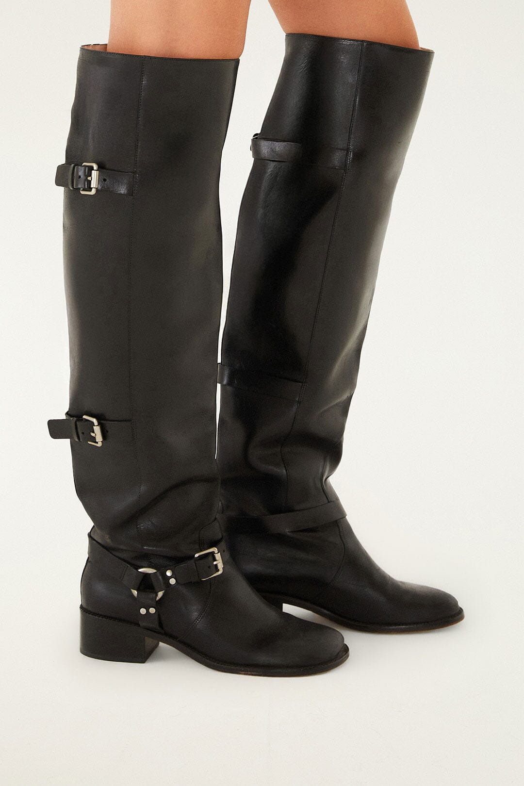 Black Distressed Leather Buckled Over-The-Knee Boot - 7