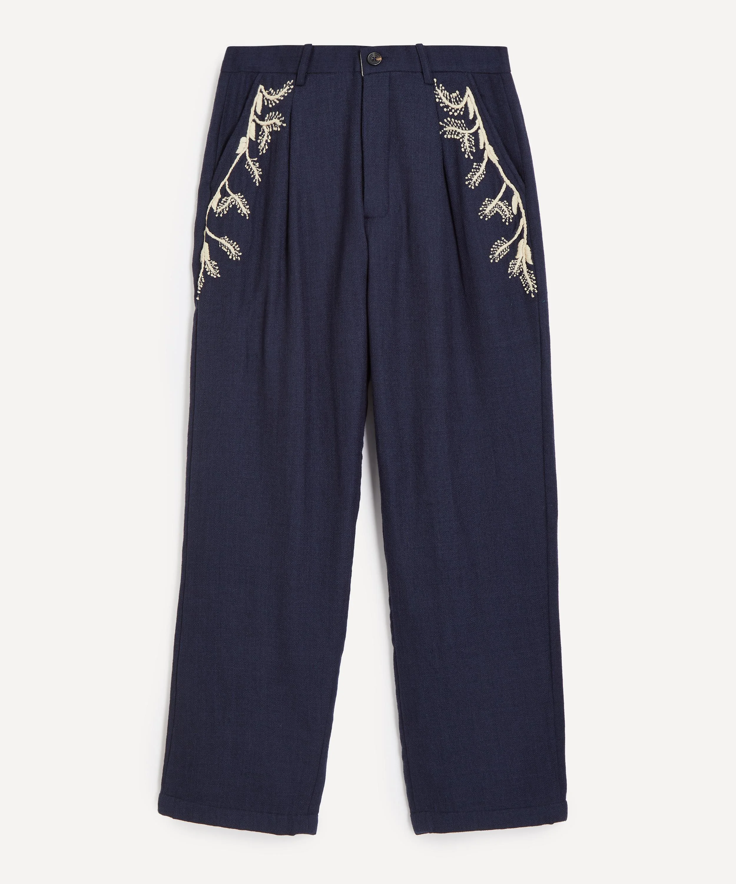 Pleated Embroidered Wool Trousers - 1