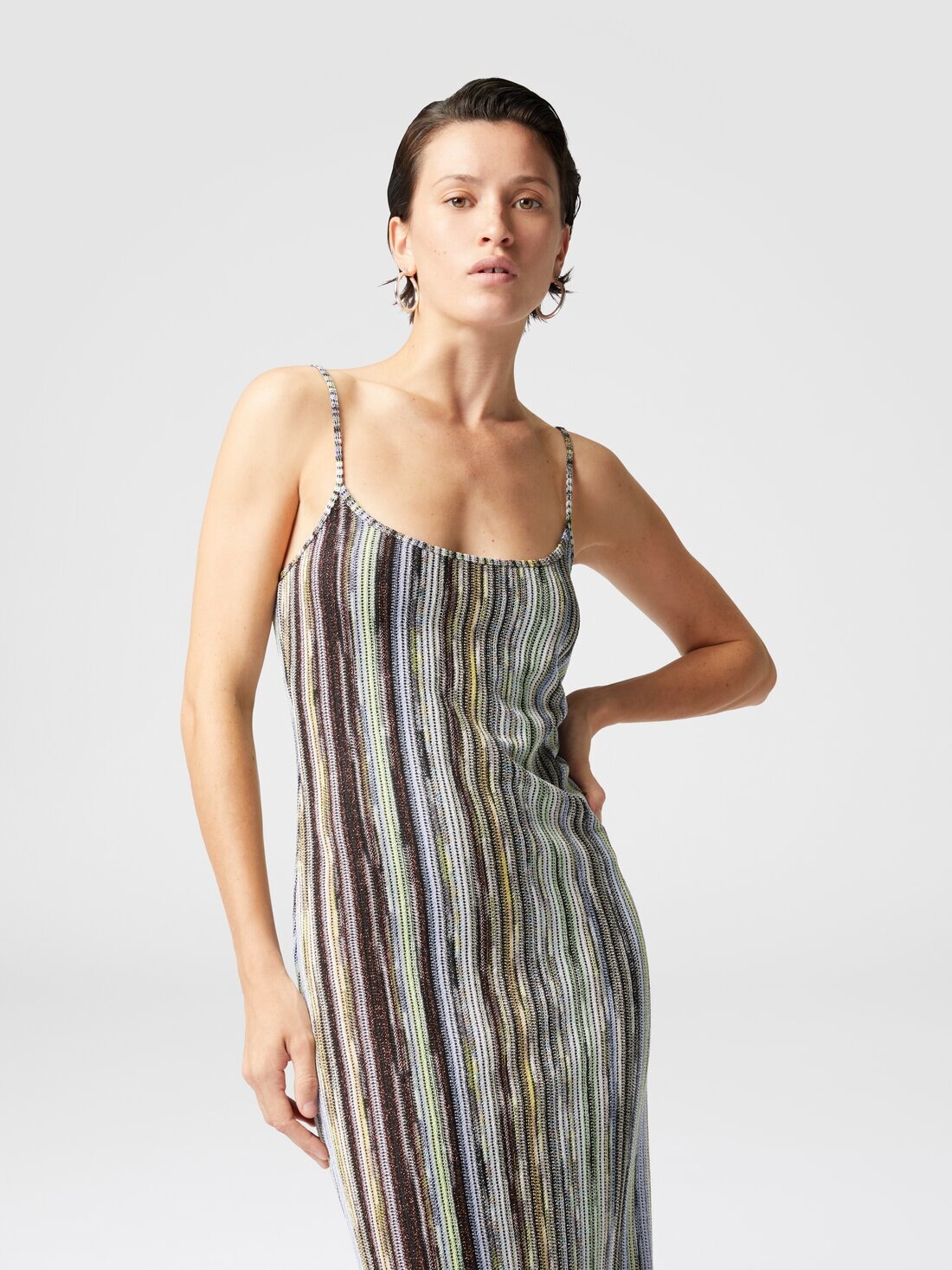 Long sleeveless dress in striped lamé slub viscose - 4