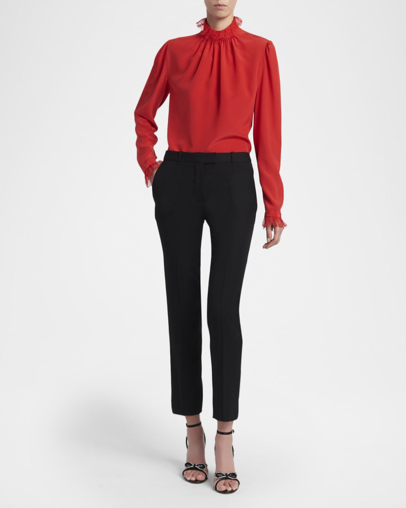 Alexander McQueen Lace Ruffle-Neck Long-Sleeve Silk Top outlook