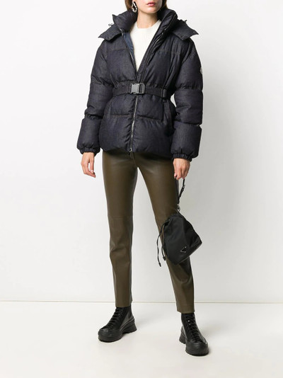 Moncler belted denim puffer coat outlook