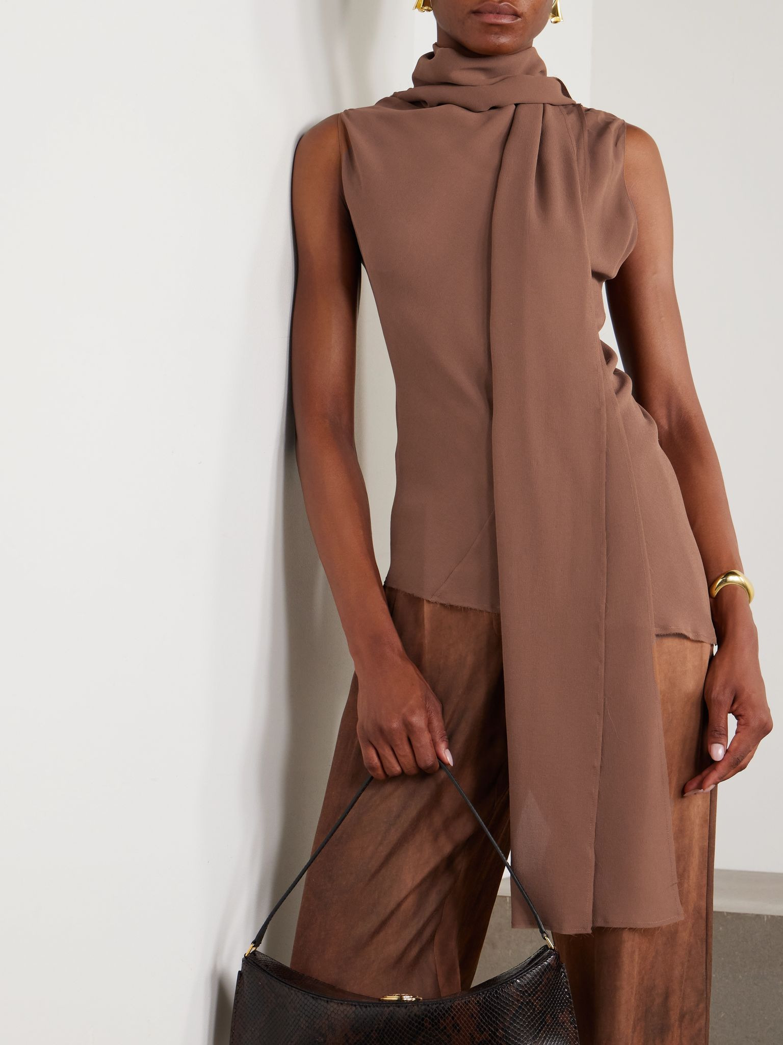 Serene asymmetric draped silk-crepe top Brown - 6