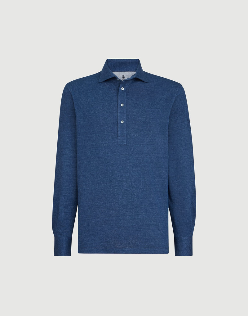 Linen and cotton mélange jersey long sleeve polo with shirt-style collar 1
