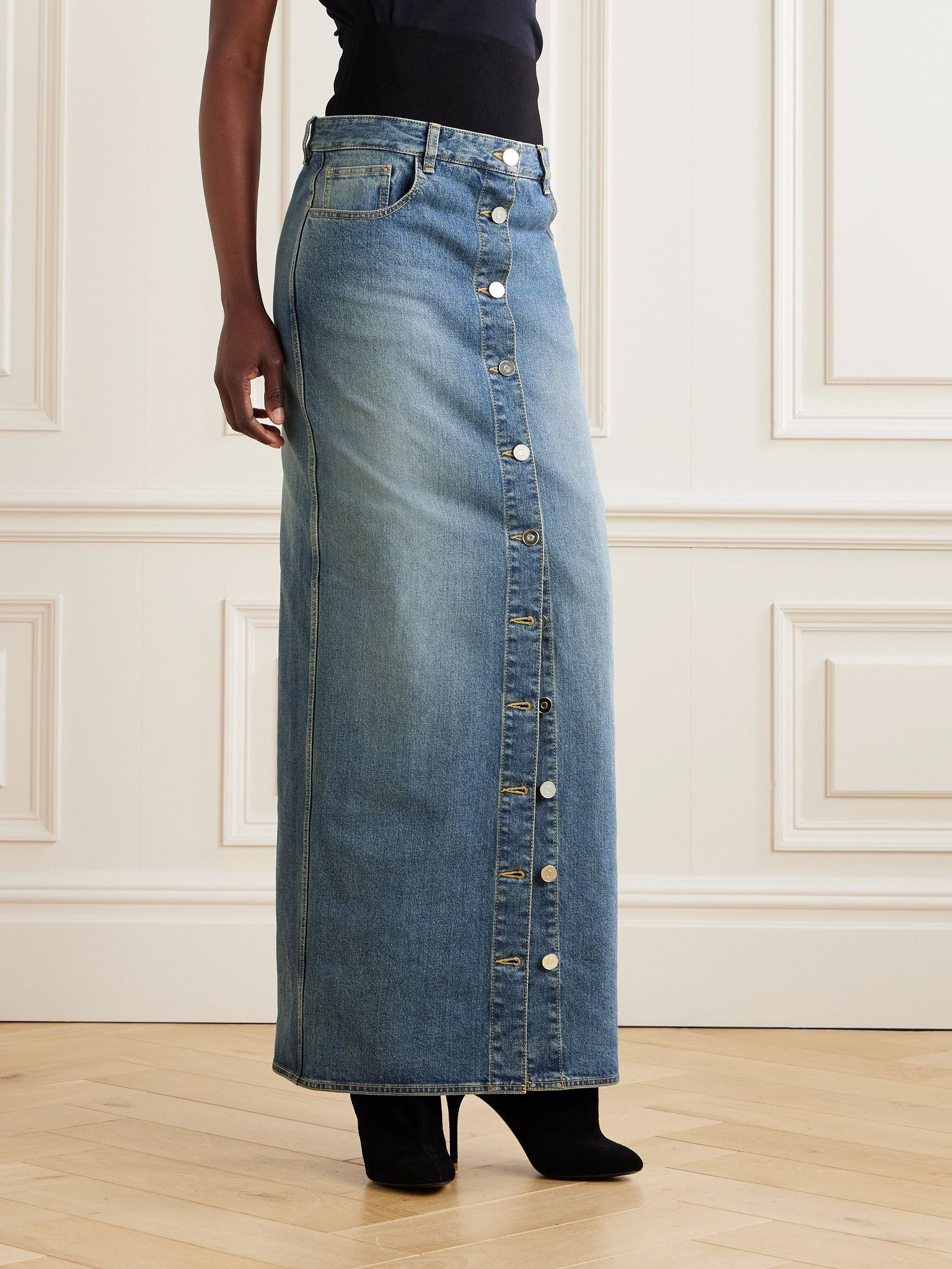 Layered jersey-trimmed denim maxi skirt Blue - 3