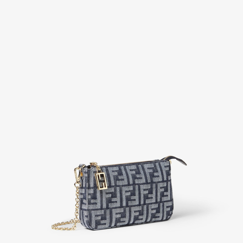 Baguette Pouch Blue denim-effect FF jacquard charm pouch with chain 2