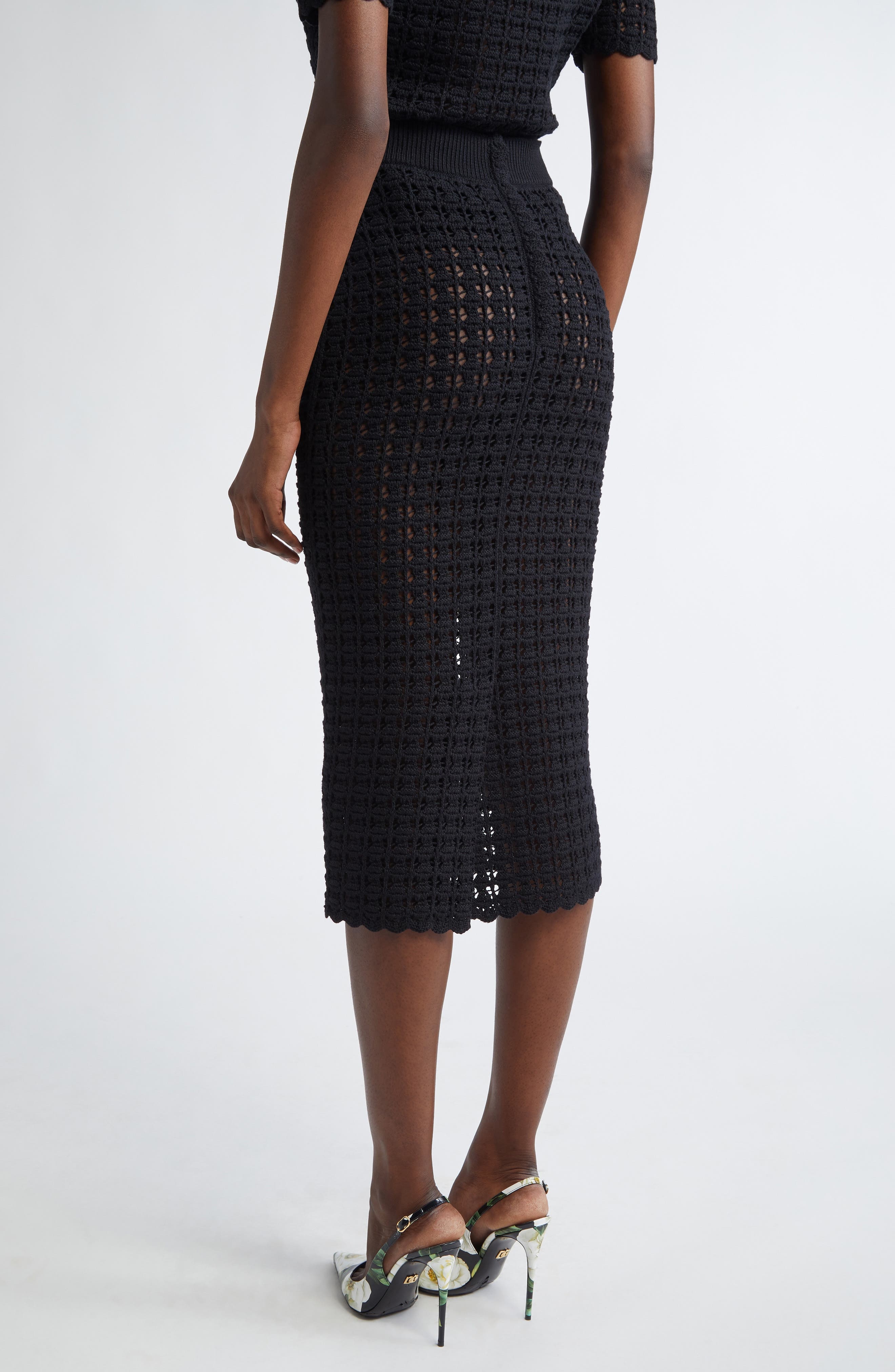 Dolce&Gabbana Virgin Wool Crochet Midi Skirt in N0000 Nero at Nordstrom - 3