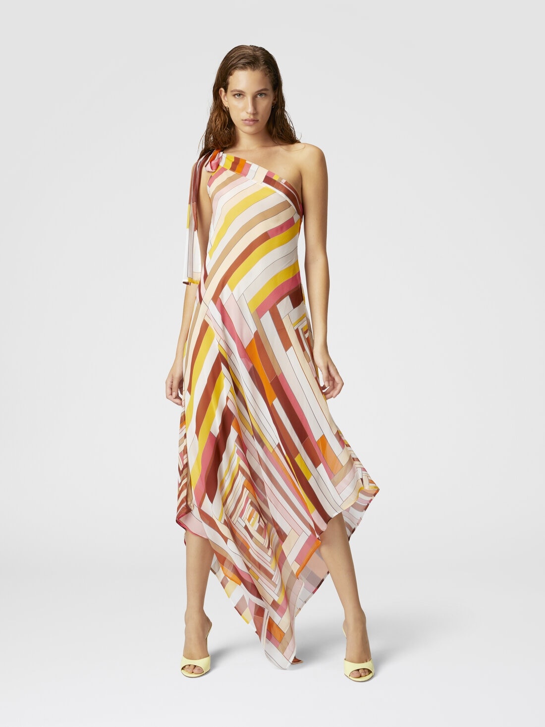 One-shoulder cover-up dress in printed silk with scarf bottom - 2