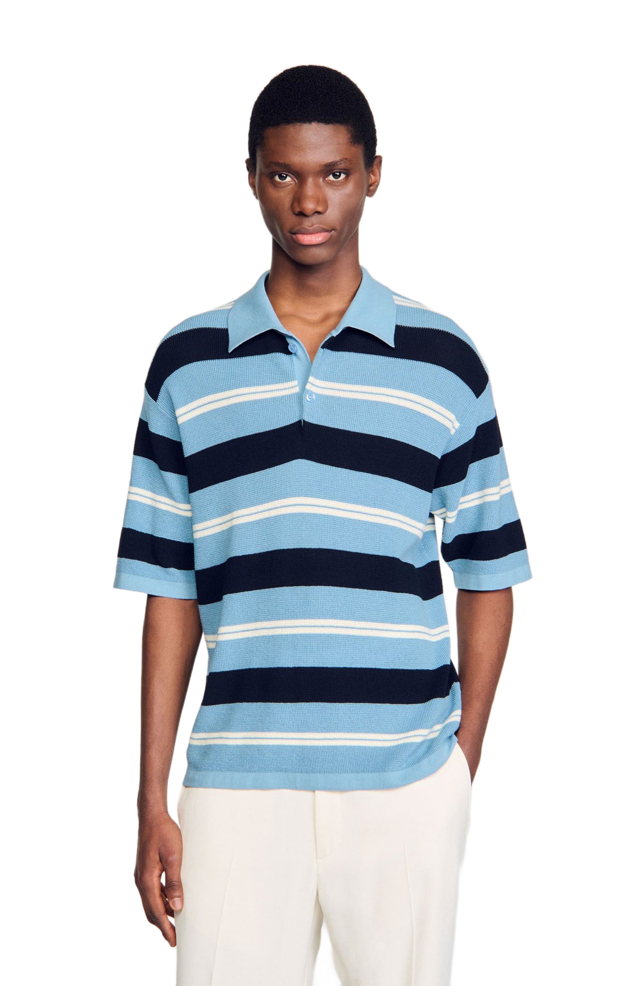 SANDRO Stripy knit polo shirt in Chambray at Nordstrom - 1